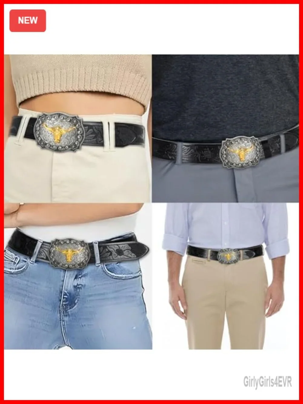 Western Cowboy Belt Faux Leather PU Floral Bull Buckle 1.5